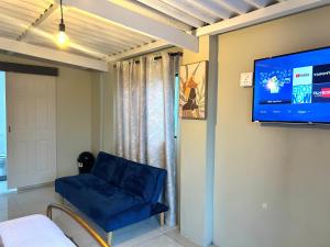 a living room with a blue couch and a flat screen tv at Enez Place in Gqeberha
