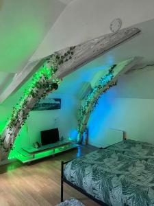 ein Schlafzimmer mit einem Bett in einem Zimmer mit grüner Beleuchtung in der Unterkunft O'Jade 2 Lits Proche Gare Orléans et Fleury in Orléans + 20 Fotos