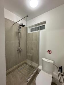 a bathroom with a glass shower with a toilet at Udroiu Residence 2 in Craiova