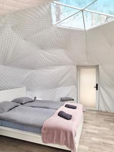 a bedroom with a bed and a ceiling with a window at Bubble House glamping tent Odulemma  +15 photos