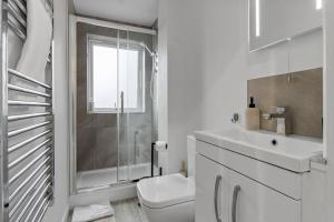 ein Badezimmer mit Toilette, Waschbecken und Dusche in der Unterkunft City Pulse Apartment- Short Stays UK in Exeter