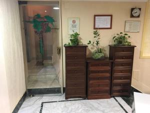 a bathroom with two dressers and a shower with plants on them at Hotel Bolognese in Foligno