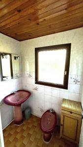 a bathroom with a red sink and a toilet at Le Tuc de Rose in Mimizan