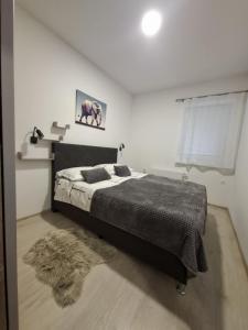Un dormitorio con una cama grande en una habitación blanca. en Prenočišča Dany APARTMA 2, en Dravograd