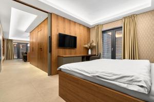 ein Schlafzimmer mit einem Bett und einem Fernseher an der Wand in der Unterkunft LUXURY SUITE Boží Dar in Boží Dar