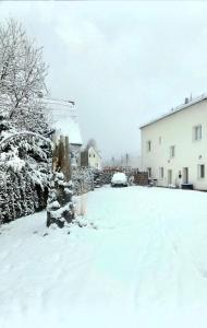 a snow covered yard with a house and a car at White Haven in Chřibská +9 photos