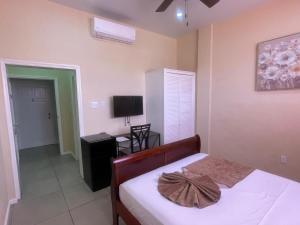 Un dormitorio con una cama, un escritorio y un televisor. en The Colosseum St Kitts, en Basseterre