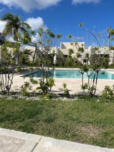una piscina con alberi di fronte a una casa di Villa Medrano 