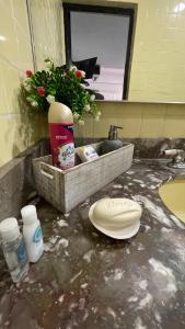 ein Waschbecken im Badezimmer mit einem Korb mit Toilettenartikeln auf einer Ablage in der Unterkunft Torreón Jardin apartment near IMSS clinics 16 and 71 in Torreón