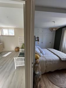 a bedroom with a large bed in a room at Le Chant Des Roseaux in Nantheuil