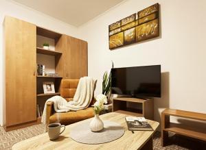 una sala de estar con un sofá y un televisor en Penzion Habrovická Bašta, en Ústí nad Labem