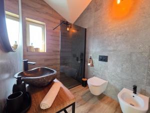 a bathroom with a black sink and a toilet at Guest house Noemi in Marčana +40 photos