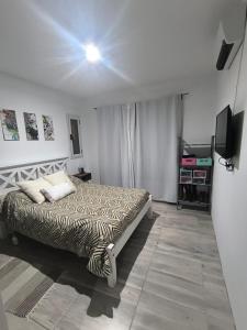 een slaapkamer met een bed en een televisie. bij Abadejo in Pinamar