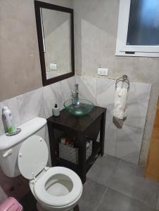 een badkamer met een toilet, een wastafel en een spiegel bij Abadejo in Pinamar