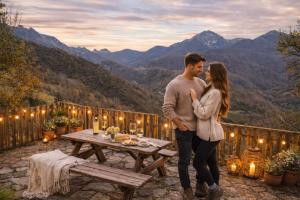 Un hombre y una mujer de pie en un patio con una mesa. en Montegrande, entorno mágico rodeado de montañas, en La Plaza