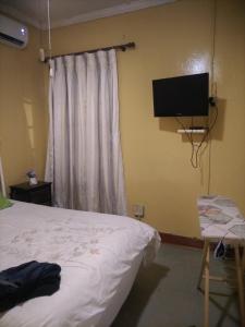 een slaapkamer met een bed en een flatscreen-tv bij Brando bnb in Koning Willemstad