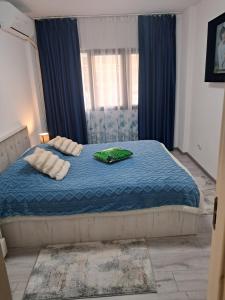 una camera con un letto blu con due cuscini sopra di Apartament NECTARIA a Băile Herculane Altre 9 foto