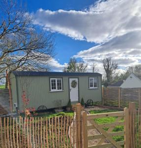 a green tiny house behind a wooden fence at Shepherds Hut Galway in Galway