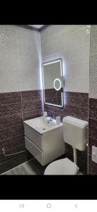 un bagno con un water, un lavandino e uno specchio di Apartament NECTARIA a Băile Herculane