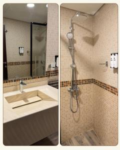 two pictures of a bathroom with a shower and a sink at Hayat Al madinah Hotel فندق حياة المدينة in Al Madinah