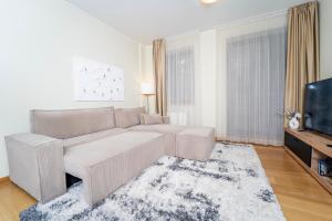 un soggiorno con un divano e una TV di Mountain Bliss 1-BR a Borovets