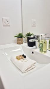 - un lavabo dans la salle de bains avec une bouteille de savon sur une serviette dans l'établissement T3 neuf climatisé avec parking à Nice, à Nice