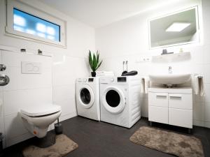 baño blanco con lavadora y lavamanos en Charmante Wohnung am Drachenfels, en Bad Honnef am Rhein