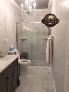 een badkamer met een douche, toilet en wastafel bij RUM MAREA lUXURY CAMP in Wadi Rum +41 foto's