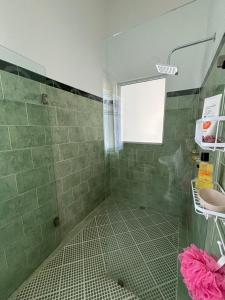 a bathroom with a shower with green tiles at Casa Los Mangales in Brisas de Zicatela +5 photos