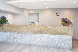 a lobby with a counter with flowers on it at Chicago Lakeshore Hotel in Chicago