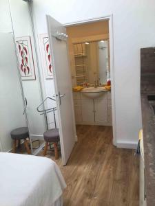 une chambre avec une salle de bain avec un lavabo et un miroir dans l'établissement Chambre d'hôtes-studette Biarritz Milady, calme, patio, vue sur jardin et montagne du patio, parkin privé, tout confort, à Biarritz 13 autres photos