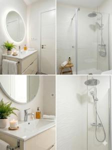 a white bathroom with a shower and a sink at Céntrico Apartamento con parking in A Coruña