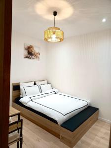 a bedroom with a bed and a chandelier at Dinas home in Bois-Colombes +14 photos