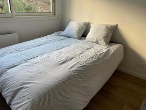 een bed met twee kussens erop in een slaapkamer bij Studio avec canapé lit 2 places dans pièce de vie et lit une place dans coin nuit in Saint-Mandrier-sur-Mer +22 foto's