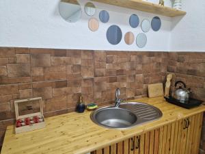 a kitchen counter with a sink and a brick wall at Nest & Rest Studio in Chişinău