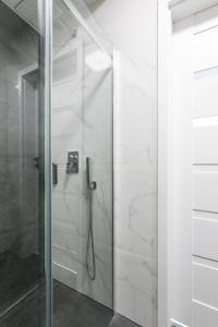 Un baño con ducha con puerta de cristal. en Apartamenty Platinex 1, en Cracovia 9 fotos más