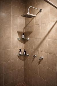 een badkamer met een douche en 2 zeepflessen bij Hotel Flamora-Valle de Gudalupe in Francisco Zarco