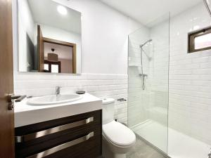een badkamer met een toilet, een wastafel en een douche bij La Casona de Omaña in Fasgar +23 foto's