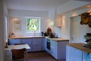 a kitchen with blue cabinets and a window at Villa Hjortekær in Kongens Lyngby +13 photos