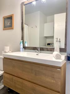 een badkamer met een wastafel en een spiegel bij Condos Mont-Trinité in Saint-Michel-des-Saints