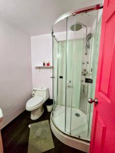 a bathroom with a toilet and a glass shower at Suite Rosa familiar para hasta 6 huéspedes Amplia, céntrica, con cocineta y baño privado in Mexico City +69 photos