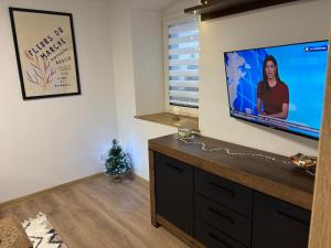ein Wohnzimmer mit einem Flachbildfernseher an der Wand in der Unterkunft Apartament nad rzeką 2 in Kowary