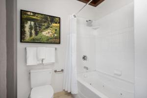 een witte badkamer met een bad, een toilet en een wastafel bij Sonoma Stonehouse Suite 9 in Bak