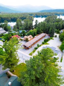 an aerial view of a small town with a lake at The Boha Hotel in Lake Placid