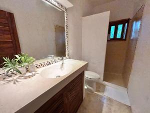 a bathroom with a sink and a toilet and a mirror at Villa Las Malaguenas in Las Terrenas