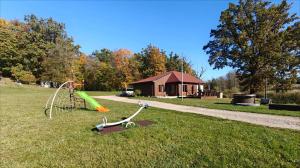 a playground in a park with a house in the background at Bačkis camp in Bačkonys