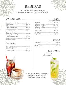 een pagina van een menukaart van een restaurant met cocktails bij Hotel Flamora-Valle de Gudalupe in Francisco Zarco