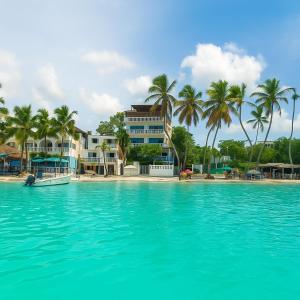 - une vue sur un complexe depuis l'eau plantée de palmiers dans l'établissement Hotel Don Michele, à Boca Chica