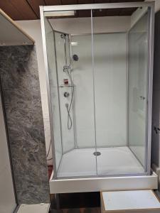 a shower with a glass enclosure in a room at Privat Grosse Zimmer, Mars, mit gemeinsamer Küche und Bad in Altstadt Chur in Chur