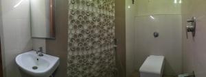 Un baño con lavabo, inodoro y ducha. en MeDa-Frin's Hotel, en Chennai